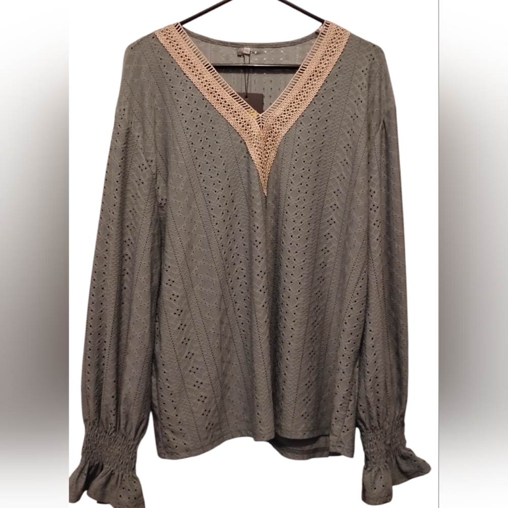 Women’s Olive Eyelet V-Neck Top with Crochet Trim